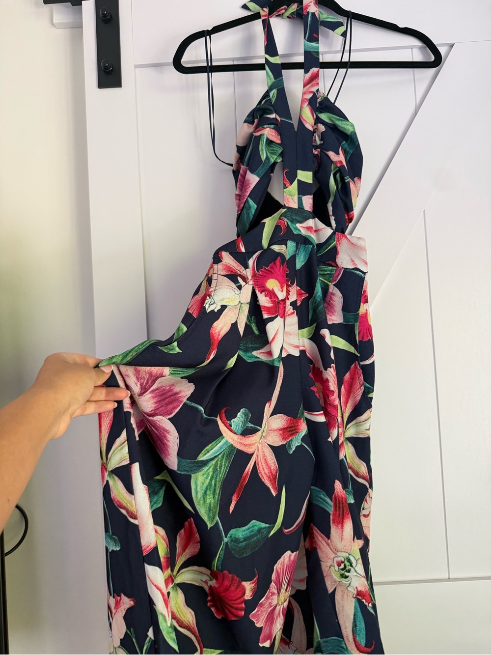 PatBO Navy Floral Halter Maxi with Pink & Green Blooms